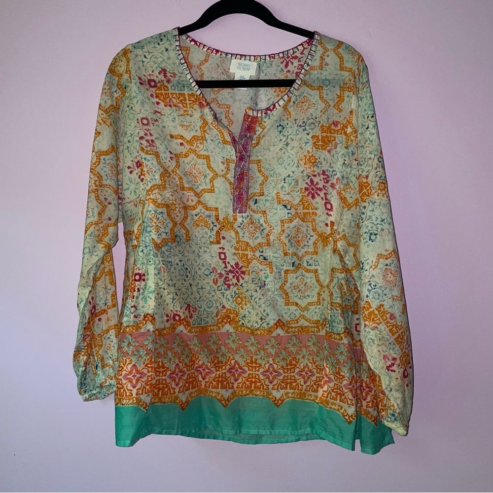 Sigrid Olsen Size M Tunic Top Cotton Long Sleeve Boho Preppy Coastal